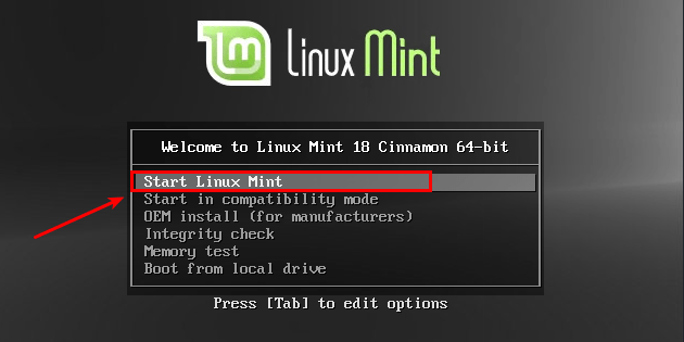 Выбор действия Linux Mint