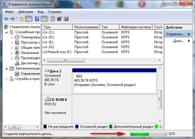 Процесс создания виртуального диска в окне «Управление компьютером»