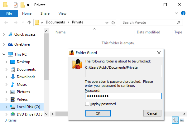 Ввод пароля для доступа к папке защищённой Folder Guard