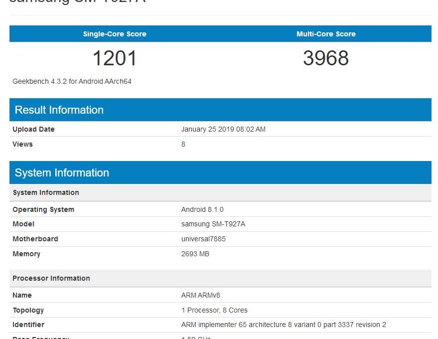 Результаты тестирования Samsung Galaxy View 2 в Geekbench