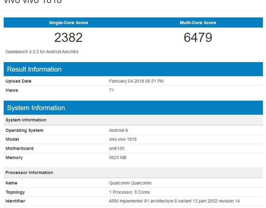 Результаты тестирования смартфона Vivo V15 Pro в Geekbench