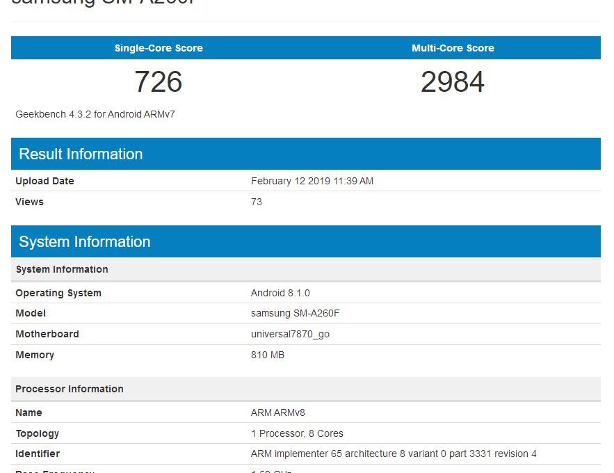 Результат тестирования Samsung SM-A260F в Geekbench