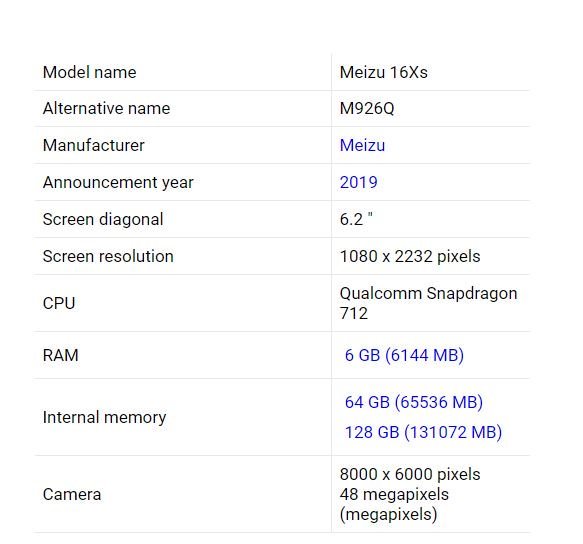 Характеристики Meizu 16Xs